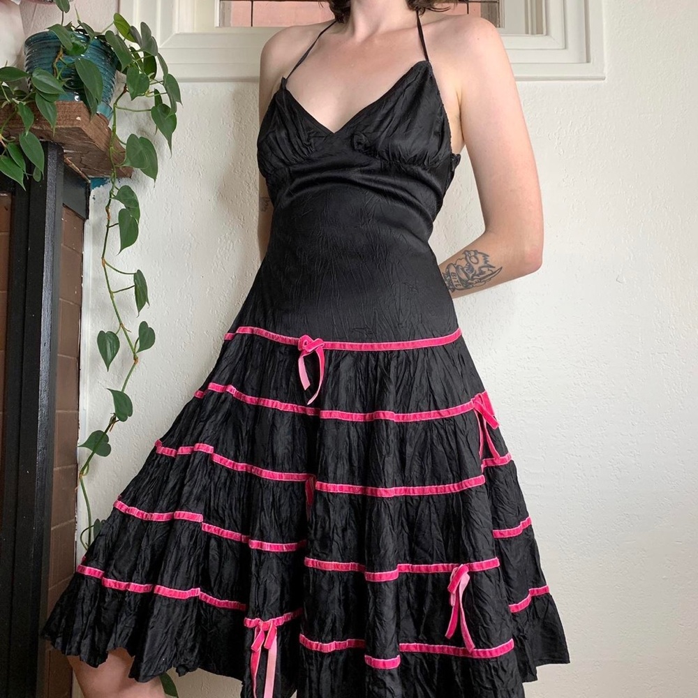 Vintage Betsey Johnson Pink Bow Tiered Halter Dress